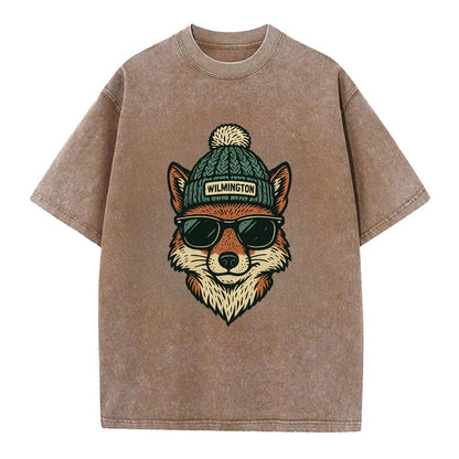 Delaware Gray Fox wearing Wilmington beanie with pom pom and wayfarer sunglasses - Vintage T-shirt - Brown