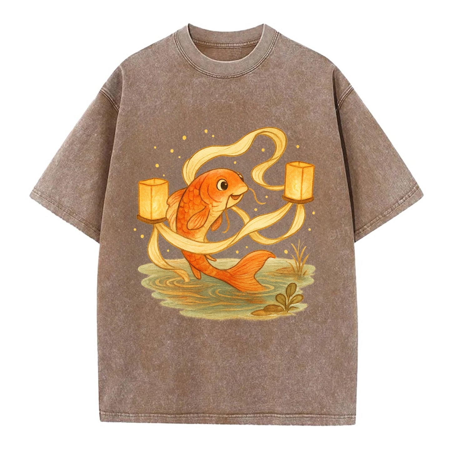 Koi weaving silk streamers through floating lanterns on tranquil water - Vintage T-shirt - Brown