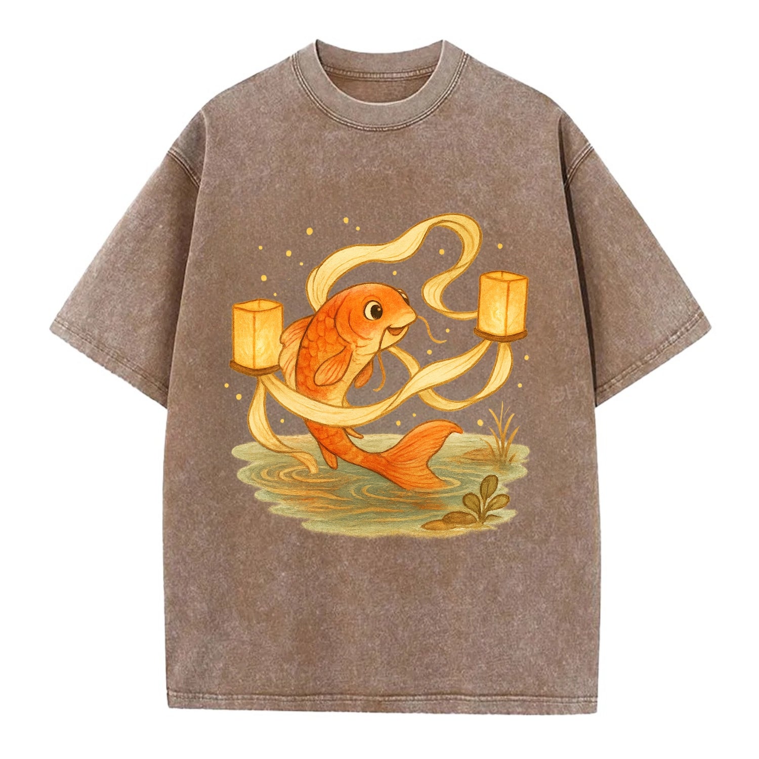 Koi weaving silk streamers through floating lanterns on tranquil water - Vintage T-shirt - Brown