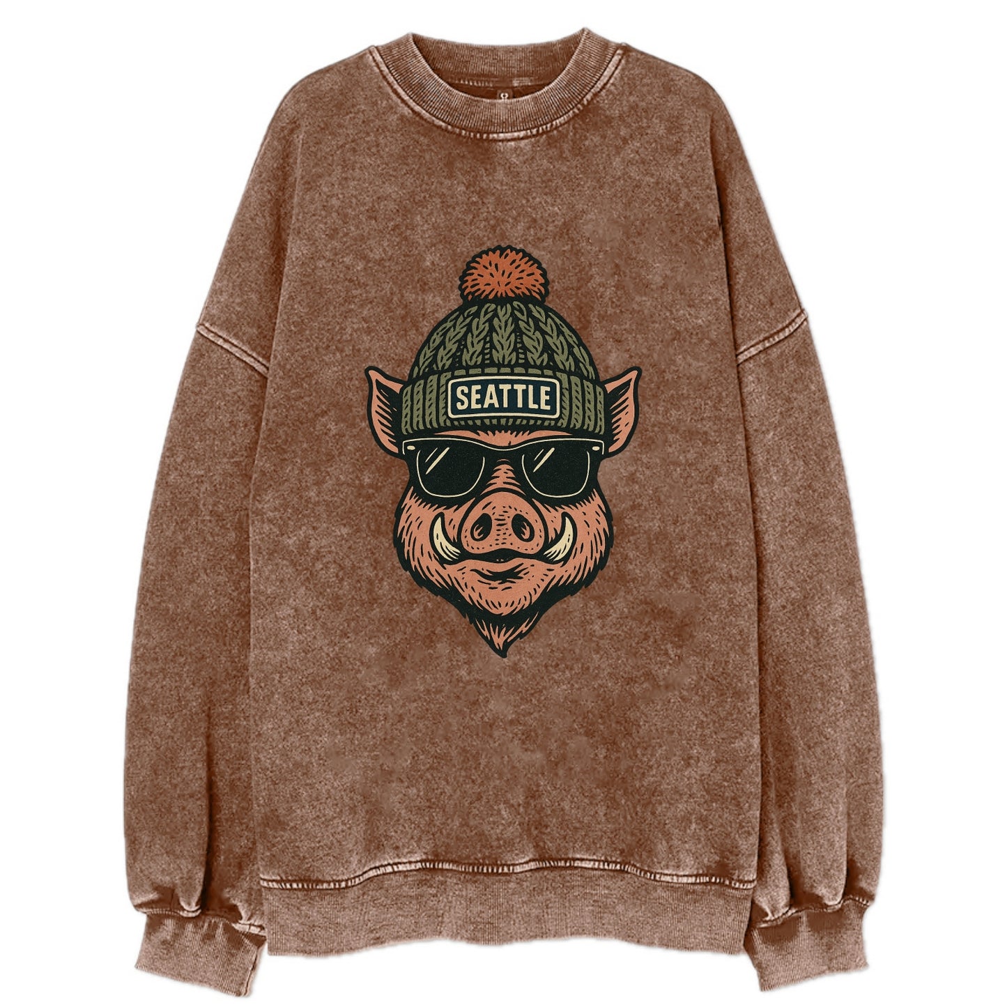 Washington Hog wearing Seattle beanie with pom pom and wayfarer sunglasses - Vintage Sweatshirt - Brown