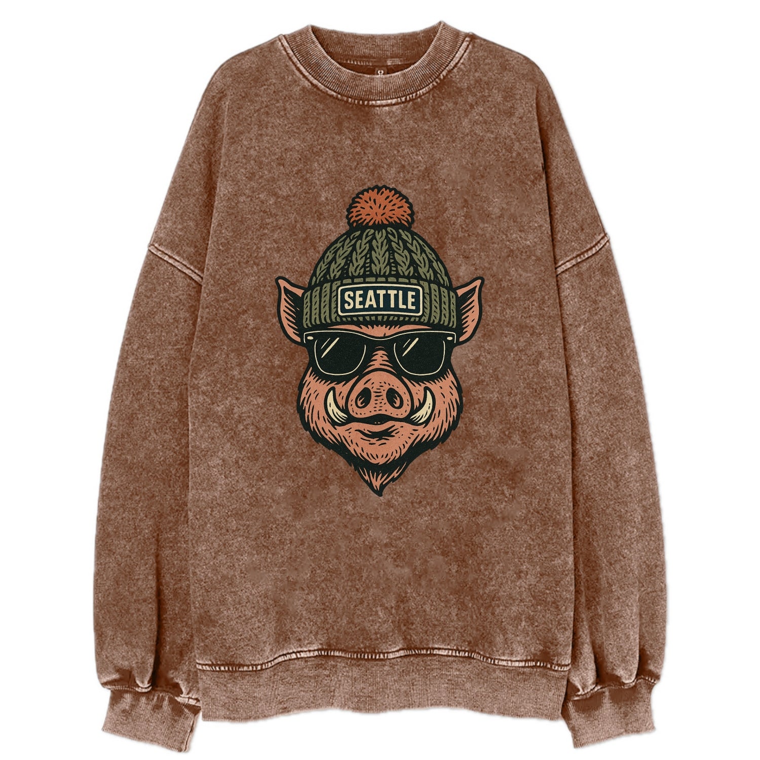 Washington Hog wearing Seattle beanie with pom pom and wayfarer sunglasses - Vintage Sweatshirt - Brown