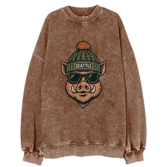 Washington Hog wearing Seattle beanie with pom pom and wayfarer sunglasses - Vintage Sweatshirt - Brown