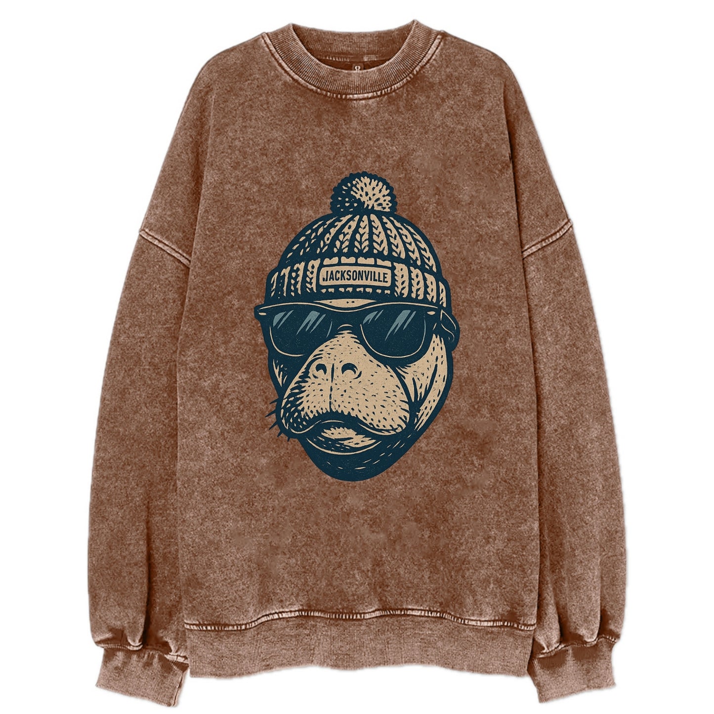 Jacksonville Manatee wearing Jacksonville beanie with pom pom and wayfarer - Vintage Sweatshirt - Brown
