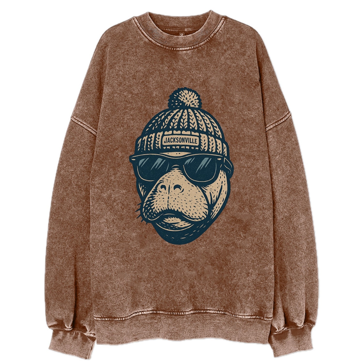 Jacksonville Manatee wearing Jacksonville beanie with pom pom and wayfarer - Vintage Sweatshirt - Brown