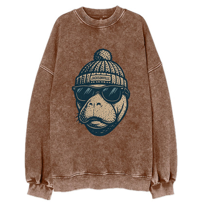 Jacksonville Manatee wearing Jacksonville beanie with pom pom and wayfarer - Vintage Sweatshirt - Brown