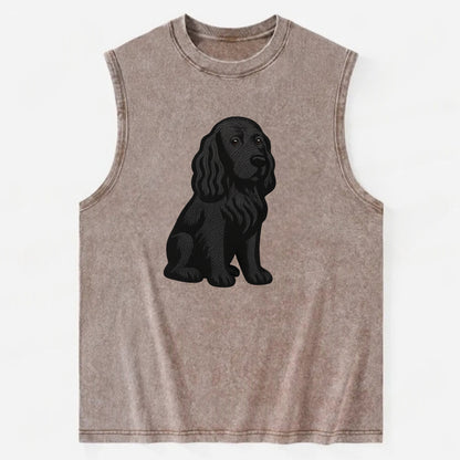 Field Spaniel - Black silky coat embroidered pose - Vintage Washed Tank - Brown