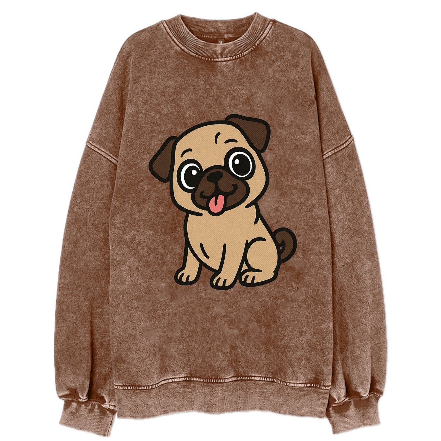 Pug - Tilted head with tongue out - Vintage Sweatshirt - Brown