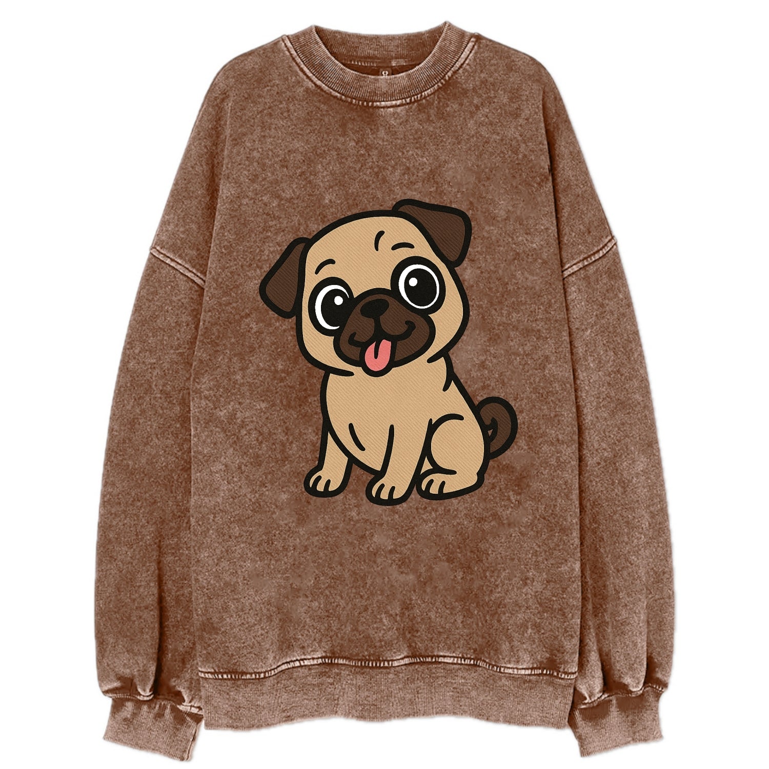 Pug - Tilted head with tongue out - Vintage Sweatshirt - Brown