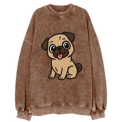 Pug - Tilted head with tongue out - Vintage Sweatshirt - Brown