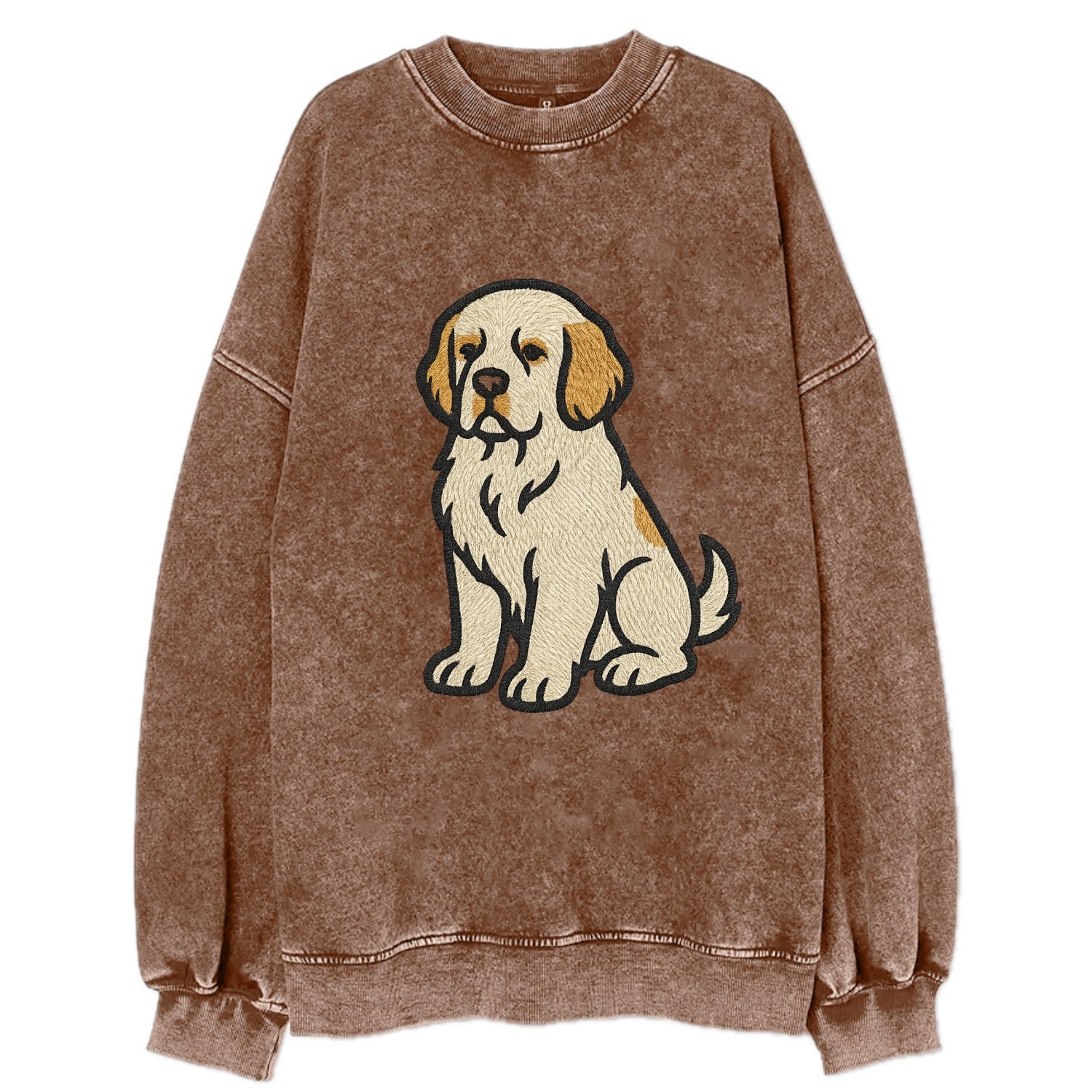 Clumber Spaniel - White with lemon markings embroidered pose - Vintage Sweatshirt - Brown
