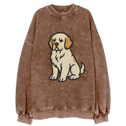 Clumber Spaniel - White with lemon markings embroidered pose - Vintage Sweatshirt - Brown