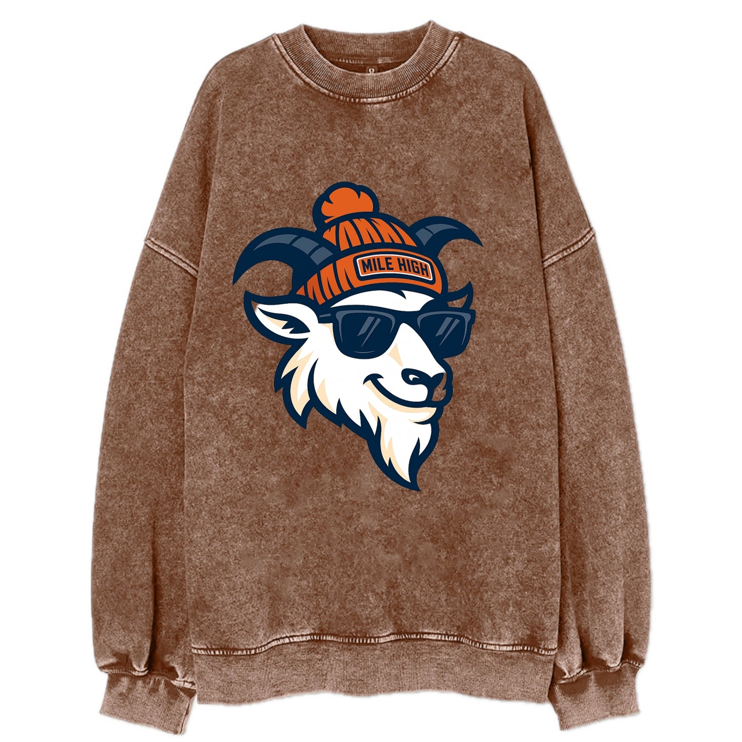 Denver Mountain Goat wearing Broncos beanie with Mile High patch and wayfarer - Vintage Sweatshirt - Brown