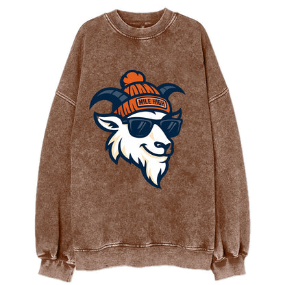Denver Mountain Goat wearing Broncos beanie with Mile High patch and wayfarer - Vintage Sweatshirt - Brown
