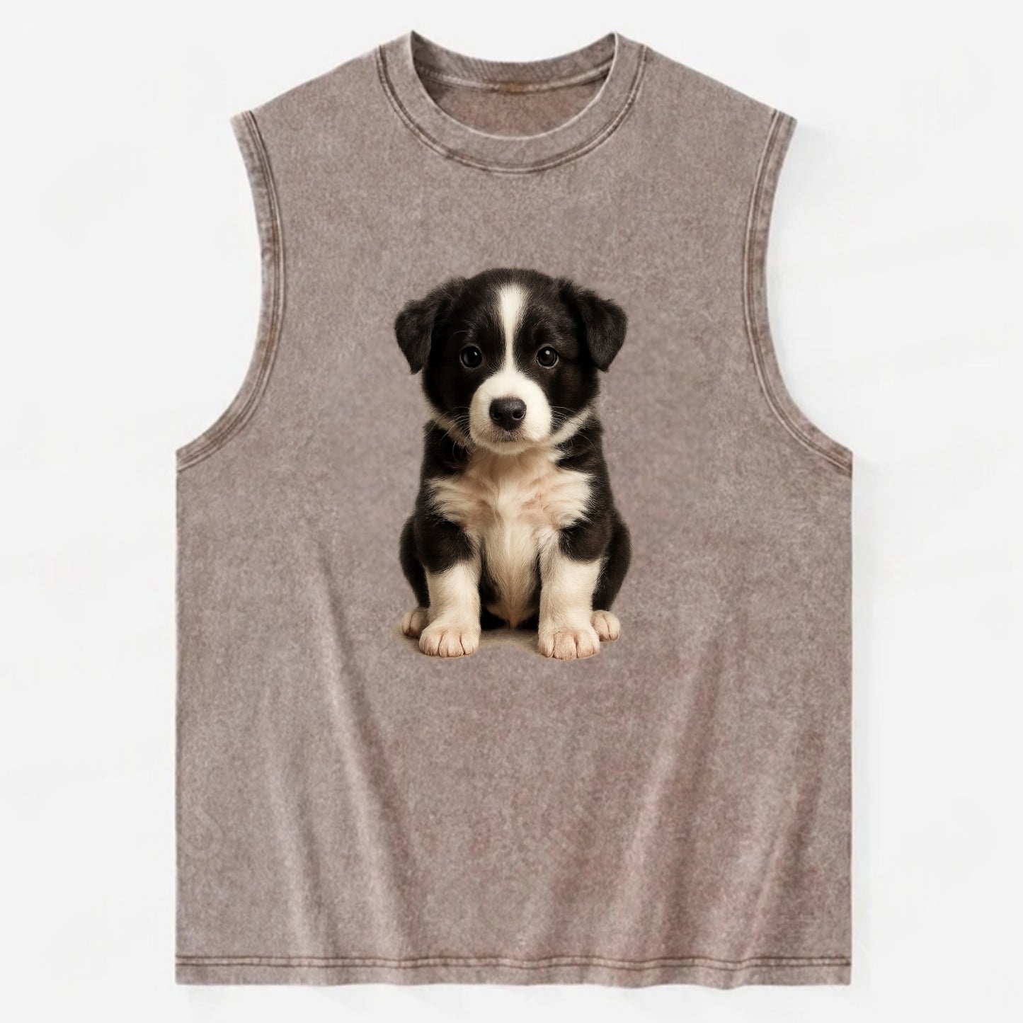 Baby Border Collie Puppy - black and white, intense smart eyes, athletic - Vintage Washed Tank - Brown
