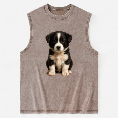 Baby Border Collie Puppy - black and white, intense smart eyes, athletic - Vintage Washed Tank - Brown
