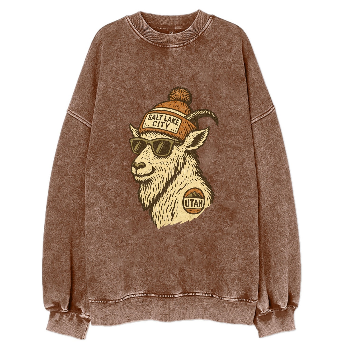 Utah Mountain Goat wearing Salt Lake City beanie with pom pom and wayfarer - Vintage Sweatshirt - Brown