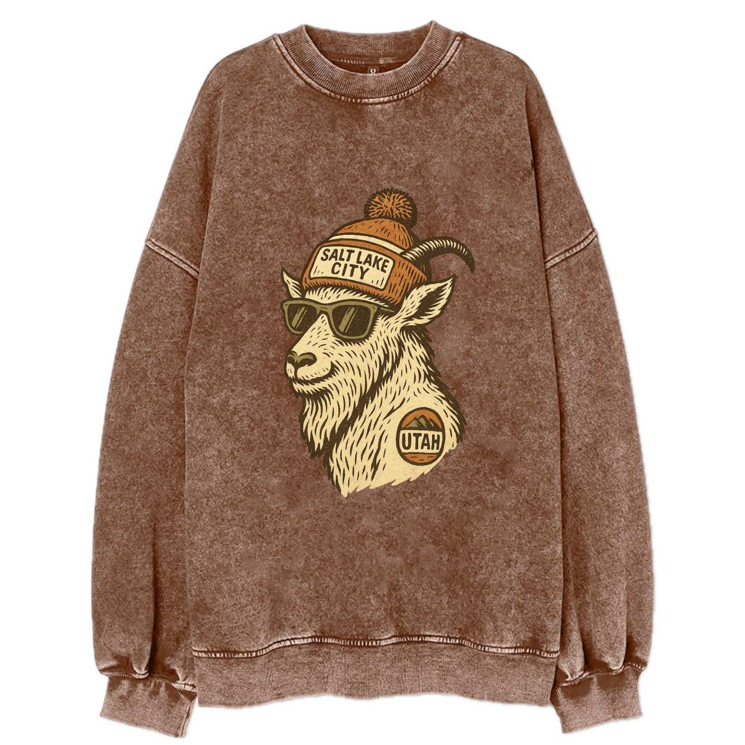 Utah Mountain Goat wearing Salt Lake City beanie with pom pom and wayfarer - Vintage Sweatshirt - Brown