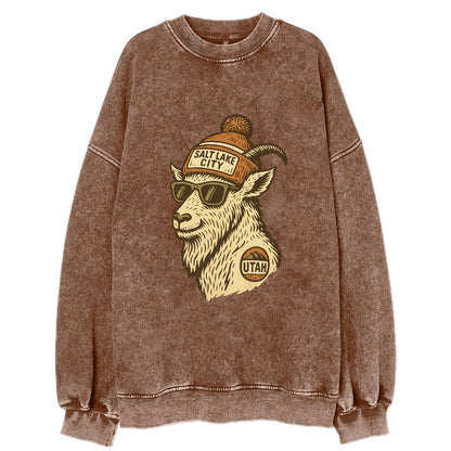 Utah Mountain Goat wearing Salt Lake City beanie with pom pom and wayfarer - Vintage Sweatshirt - Brown