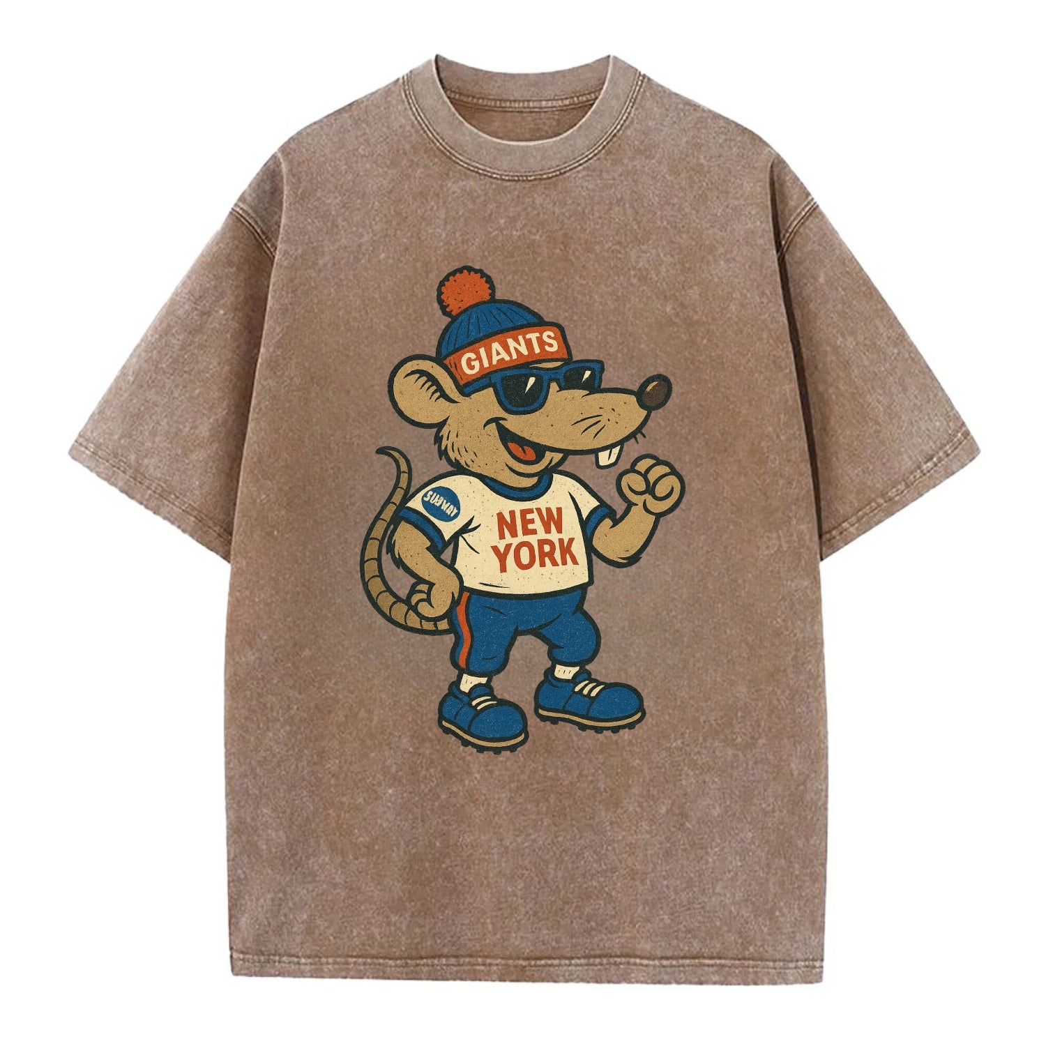 New York Rat wearing Giants beanie with subway patch and wayfarer sunglasses - Vintage T-shirt - Brown