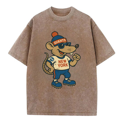 New York Rat wearing Giants beanie with subway patch and wayfarer sunglasses - Vintage T-shirt - Brown