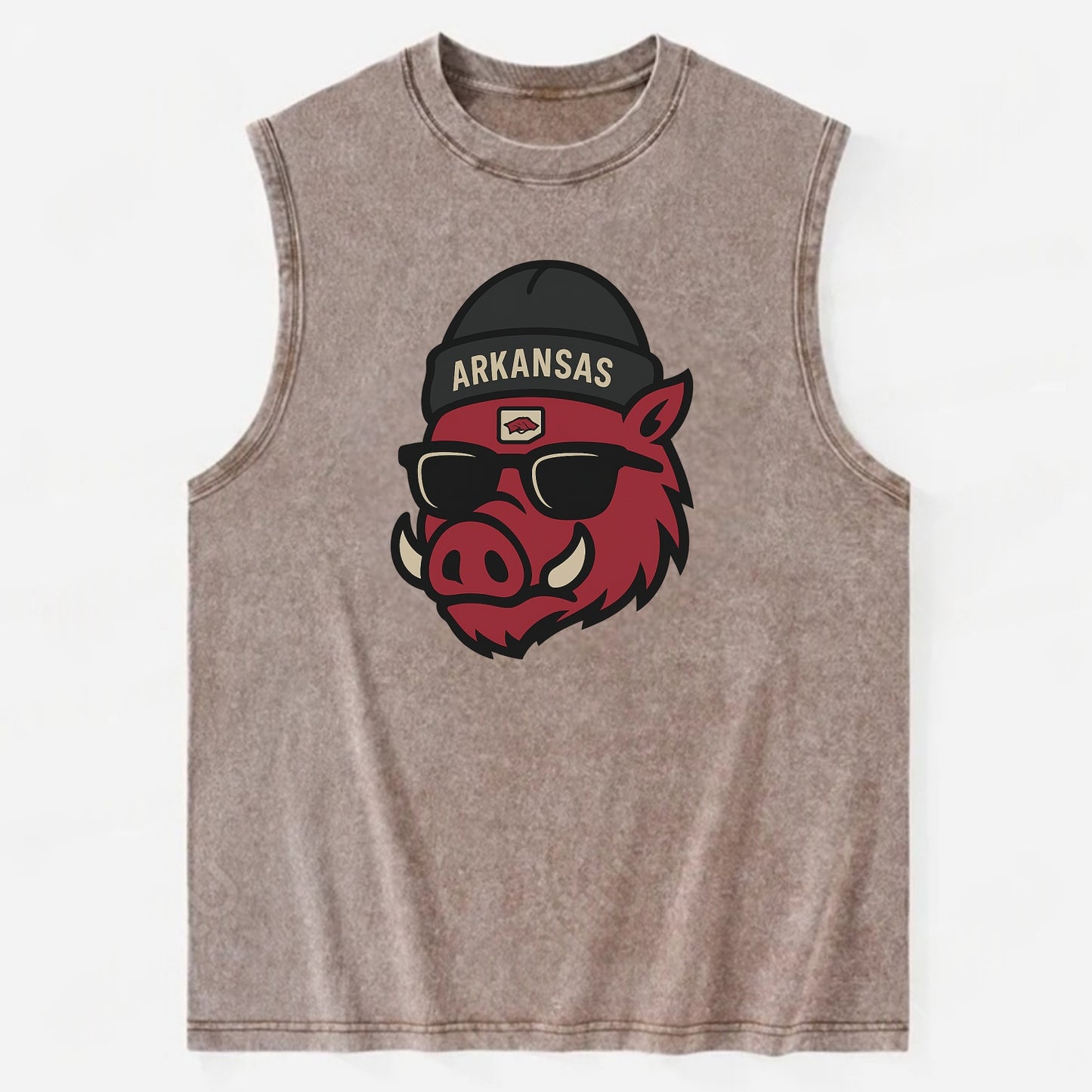 Fayetteville Razorback wearing Arkansas beanie with hog patch - Vintage Washed Tank - Brown
