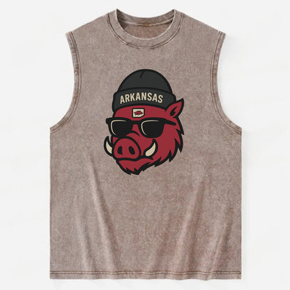 Fayetteville Razorback wearing Arkansas beanie with hog patch - Vintage Washed Tank - Brown