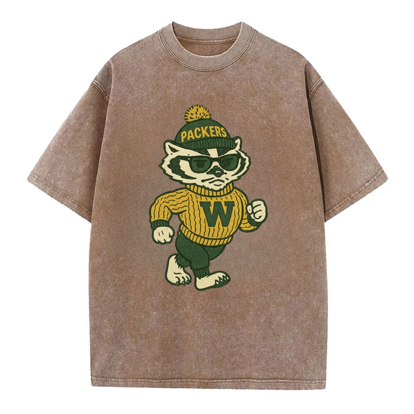 Wisconsin Badger wearing Packers green and gold beanie with pom pom and wayfarer - Vintage T-shirt - Brown