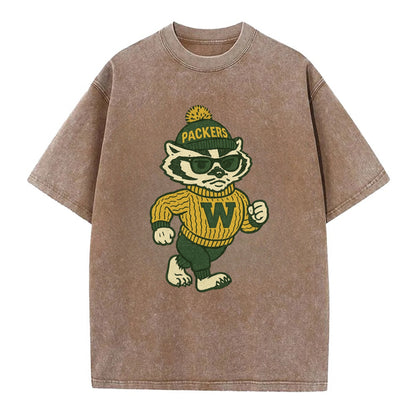 Wisconsin Badger wearing Packers green and gold beanie with pom pom and wayfarer - Vintage T-shirt - Brown