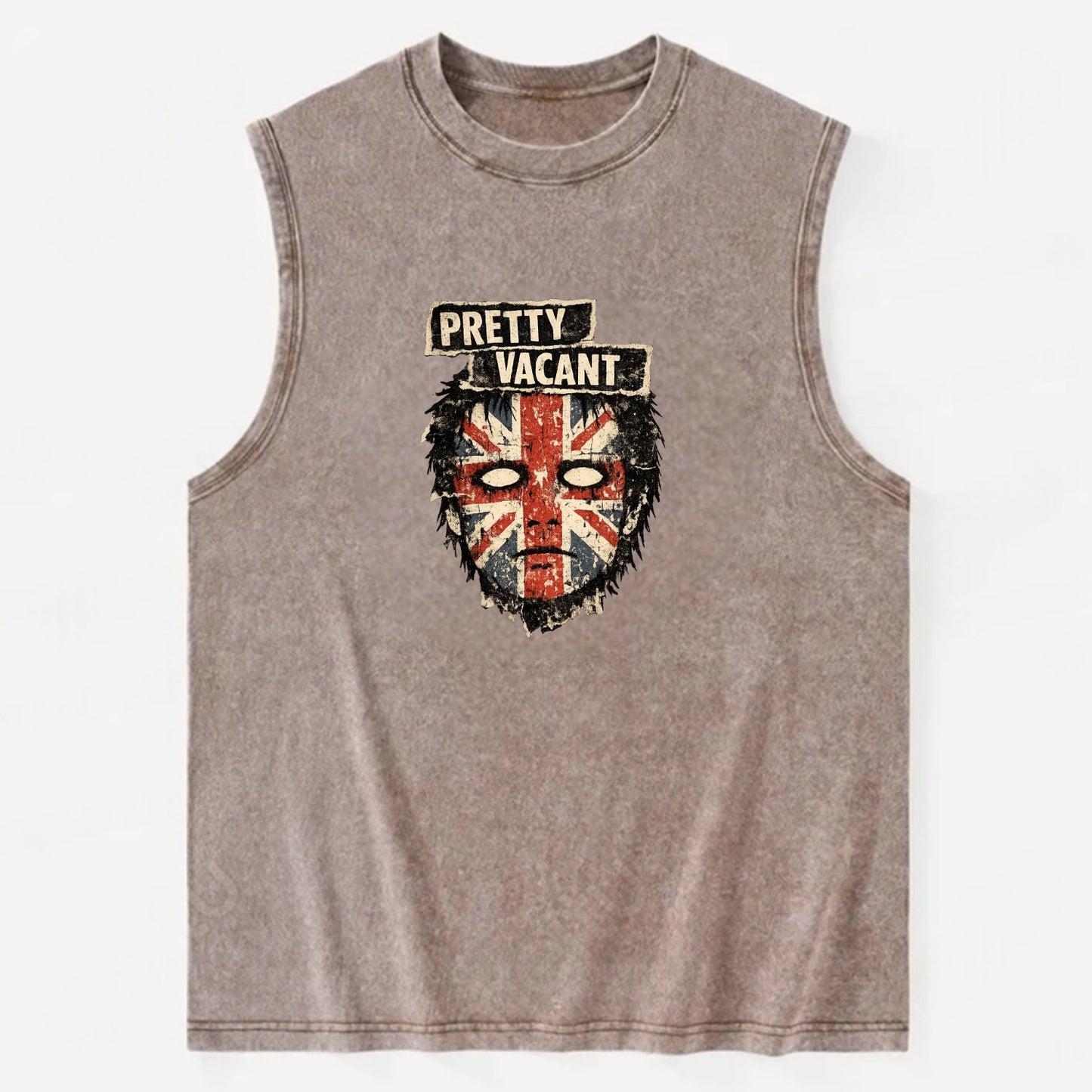 PRETTY VACANT | Blank stare Union Jack face | Empty expression | Punk - Vintage Washed Tank - Brown