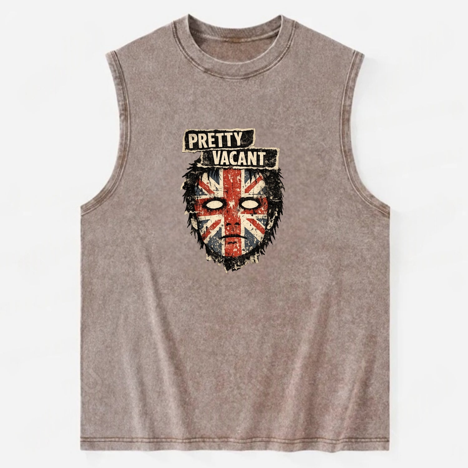 PRETTY VACANT | Blank stare Union Jack face | Empty expression | Punk - Vintage Washed Tank - Brown