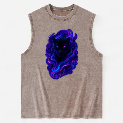 Sleek black panther emerging from swirls of deep purple and electric blue, - Vintage Washed Tank - Brown