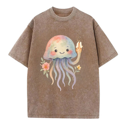jellyfish with kawaii face and tentacles, one tentacle pointing up defiantly - Vintage T-shirt - Brown