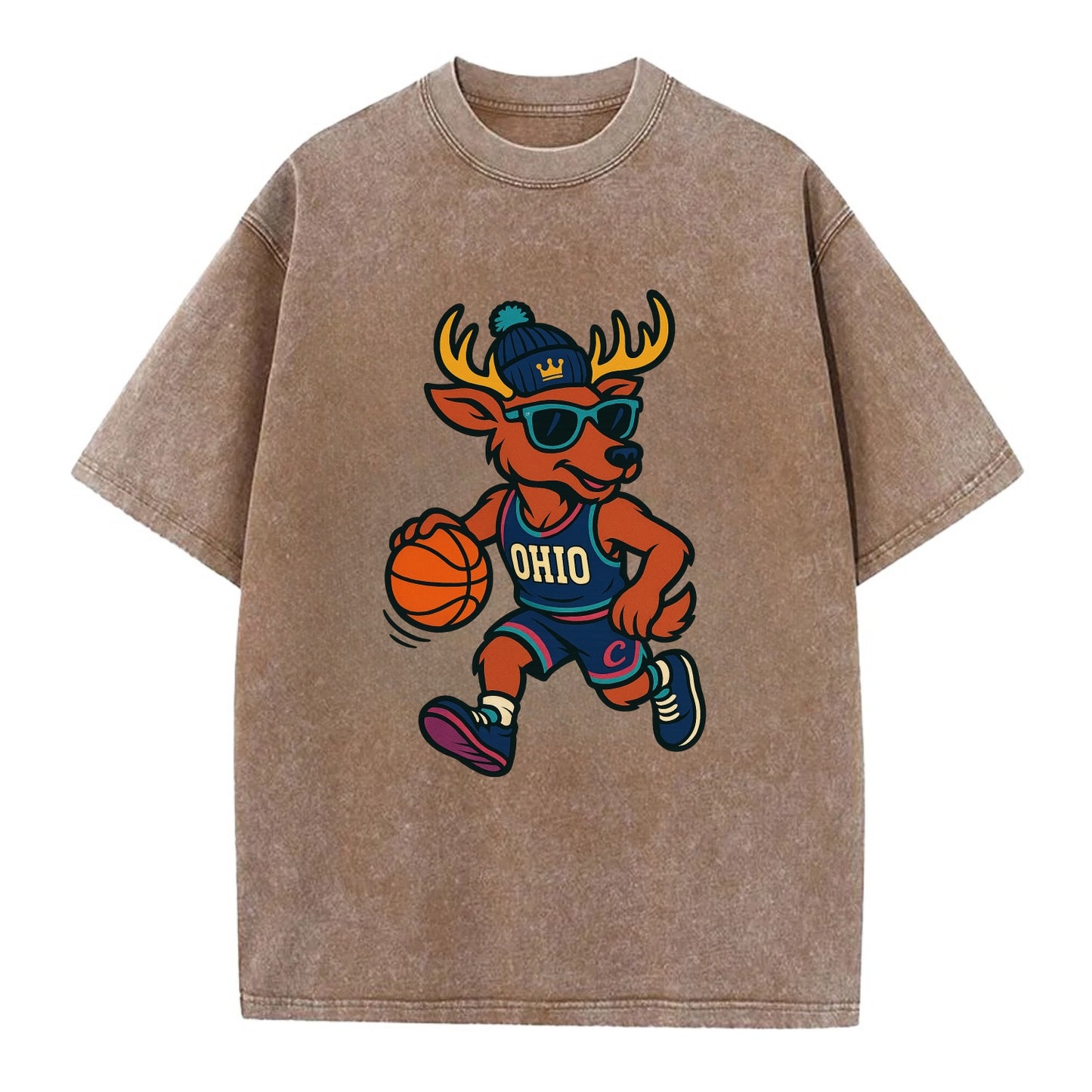 Ohio Deer wearing Cavs beanie with crown patch and wayfarer sunglasses - Vintage T-shirt - Brown