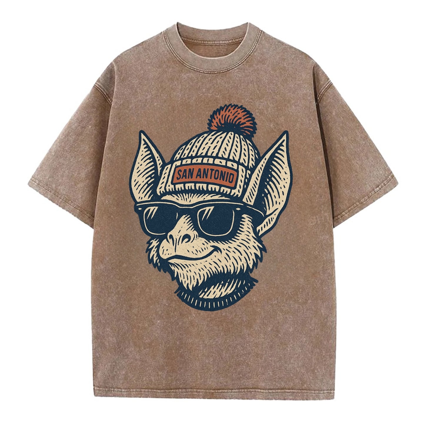 San Antonio Bat wearing San Antonio beanie with pom pom and wayfarer sunglasses - Vintage T-shirt - Brown
