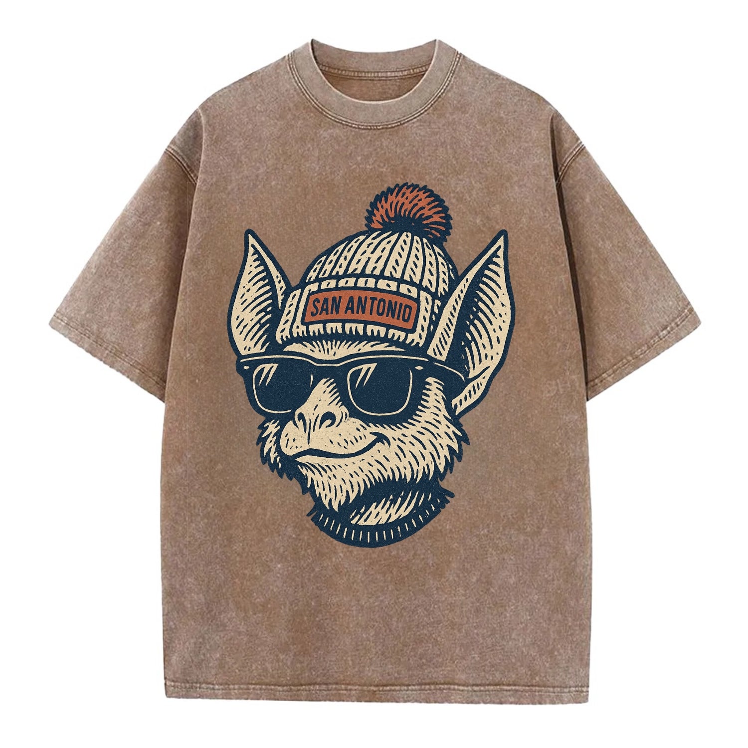 San Antonio Bat wearing San Antonio beanie with pom pom and wayfarer sunglasses - Vintage T-shirt - Brown