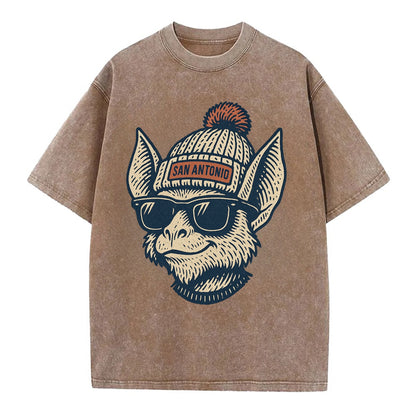 San Antonio Bat wearing San Antonio beanie with pom pom and wayfarer sunglasses - Vintage T-shirt - Brown