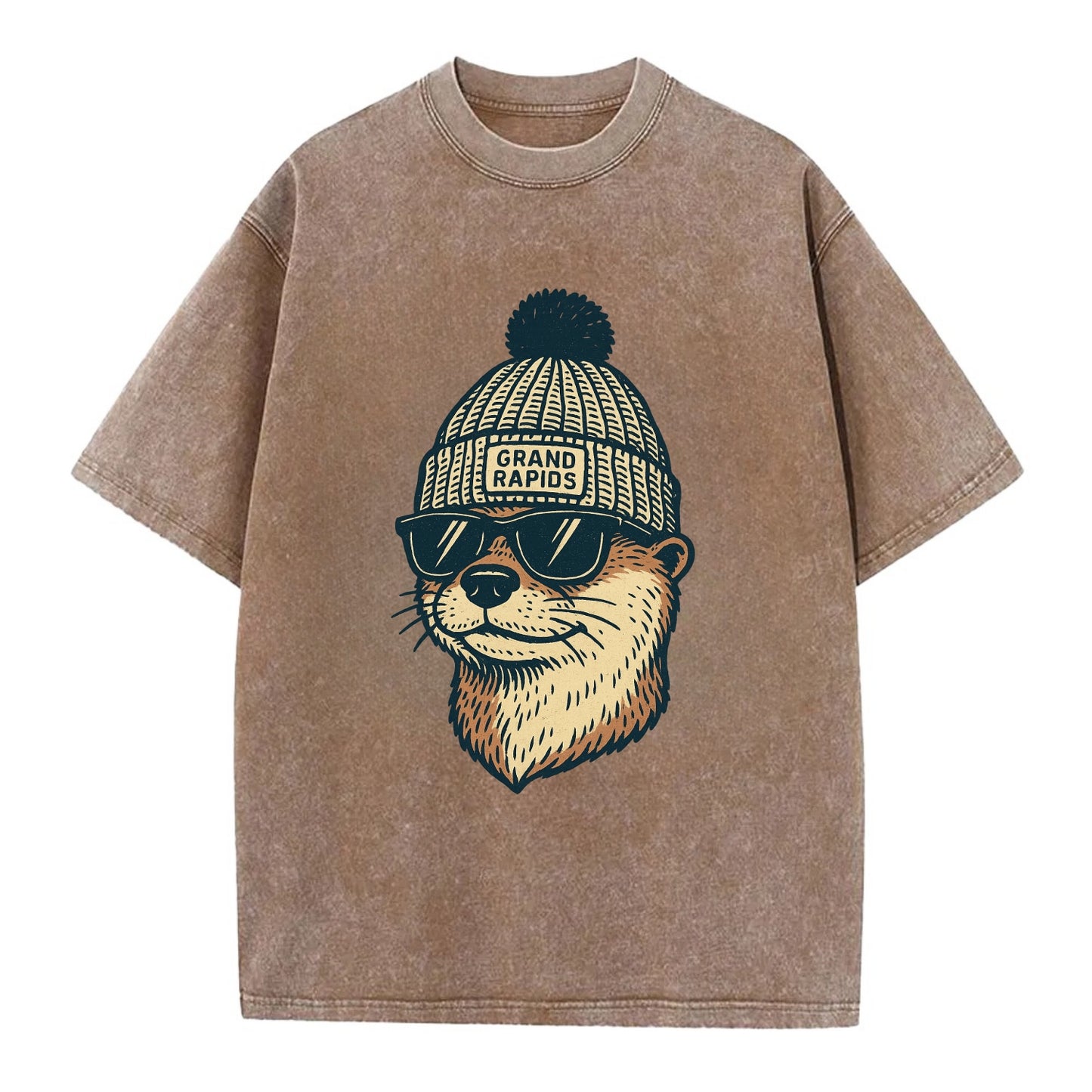 Grand Rapids River Otter wearing Grand Rapids beanie with pom pom and wayfarer - Vintage T-shirt - Brown