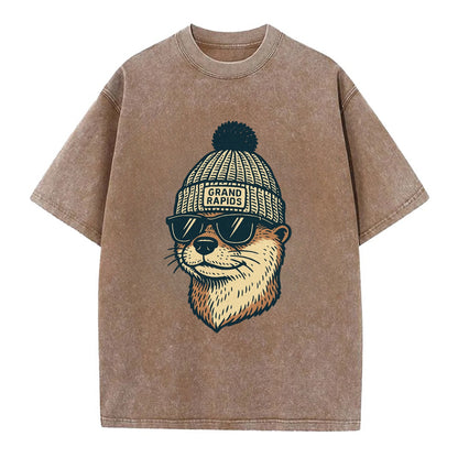 Grand Rapids River Otter wearing Grand Rapids beanie with pom pom and wayfarer - Vintage T-shirt - Brown