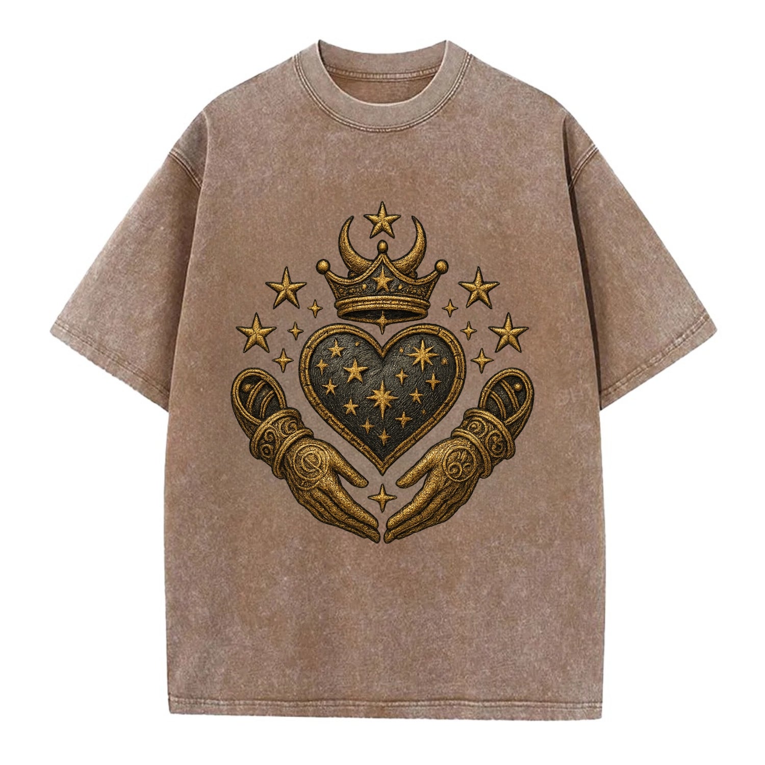 Weathered antique brass crown above a hammered gunmetal heart framed by ivy-woven - Vintage T-shirt - Brown