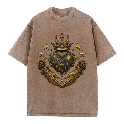 Weathered antique brass crown above a hammered gunmetal heart framed by ivy-woven - Vintage T-shirt - Brown