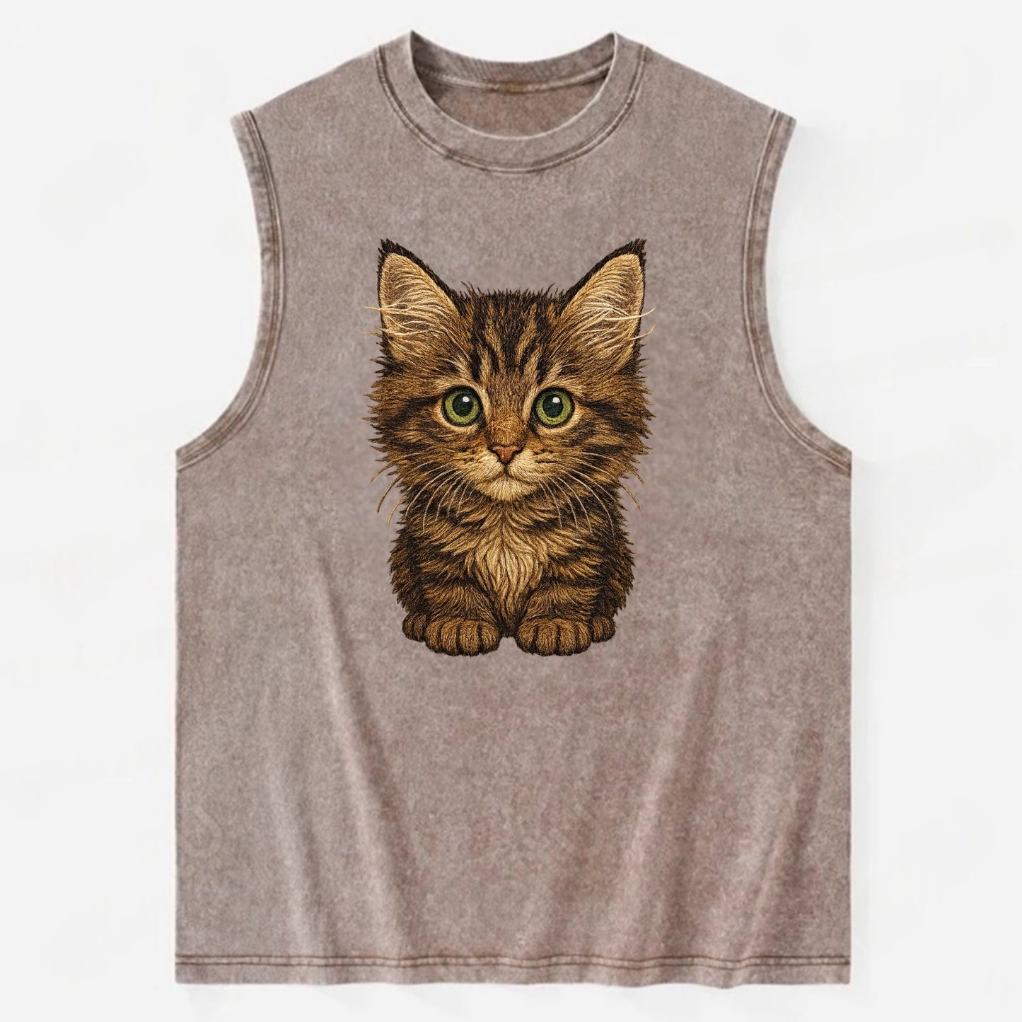 Baby Maine Coon Kitten - large fluffy tabby, tufted ears, big green eyes, - Vintage Washed Tank - Brown