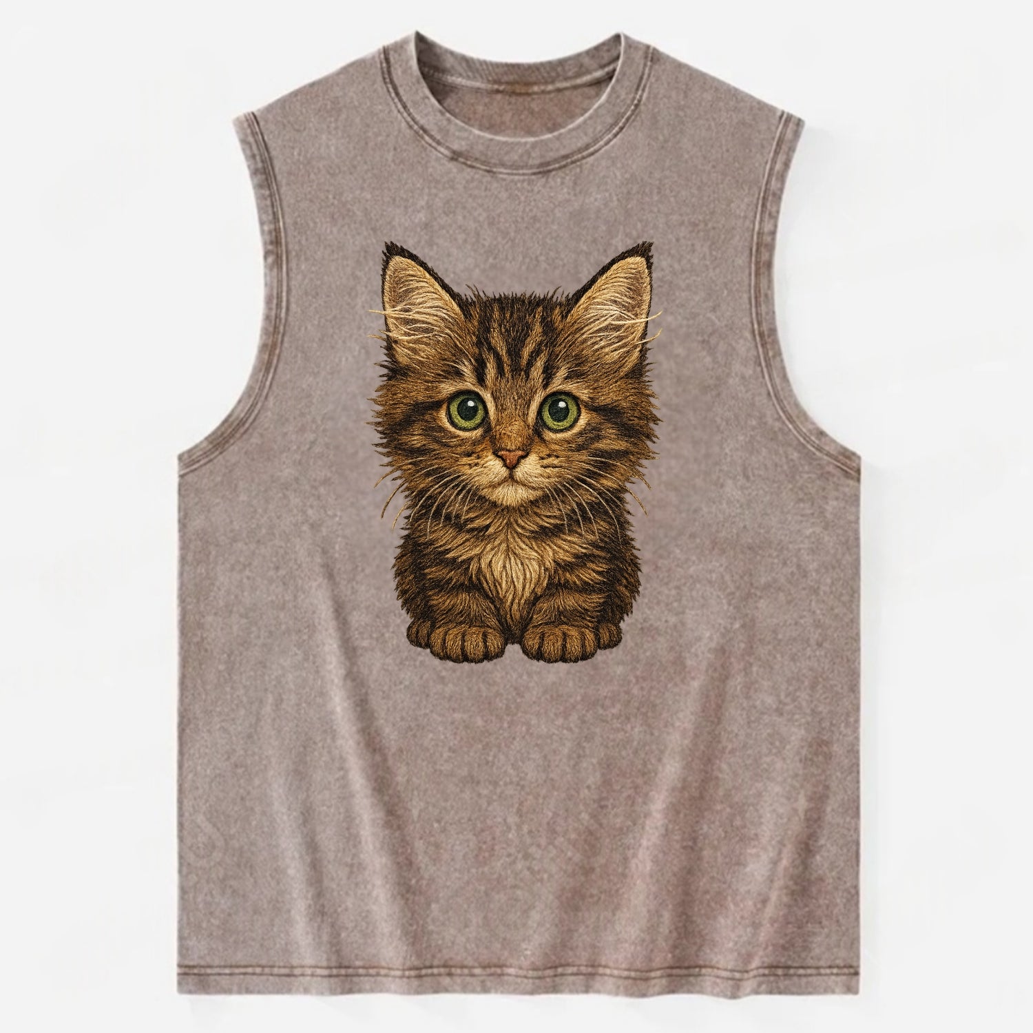 Baby Maine Coon Kitten - large fluffy tabby, tufted ears, big green eyes, - Vintage Washed Tank - Brown