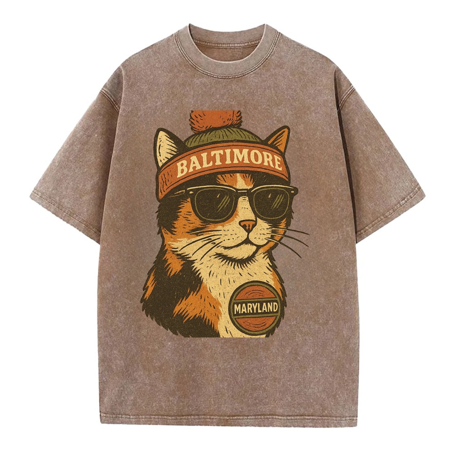 Maryland Calico Cat wearing Baltimore beanie with pom pom and wayfarer sunglasses - Vintage T-shirt - Brown