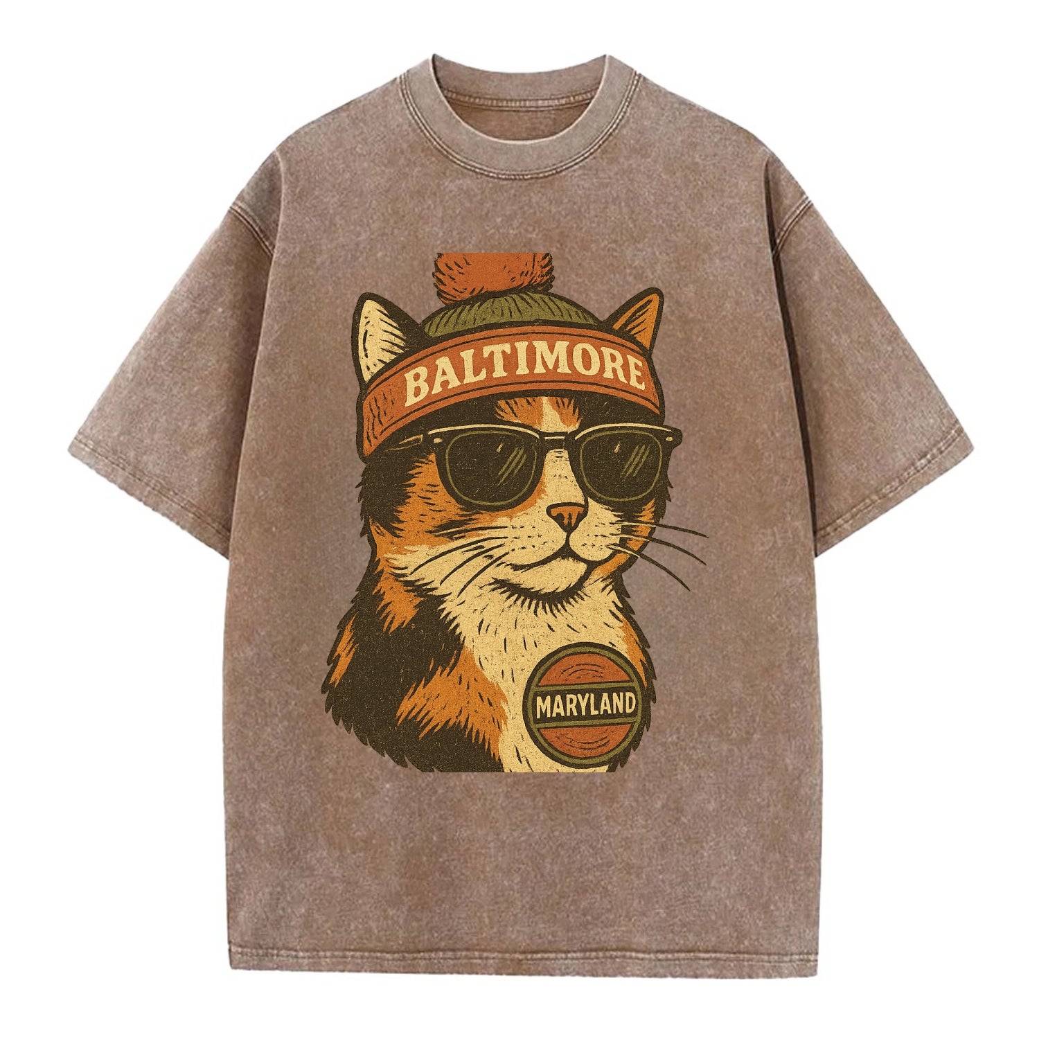 Maryland Calico Cat wearing Baltimore beanie with pom pom and wayfarer sunglasses - Vintage T-shirt - Brown