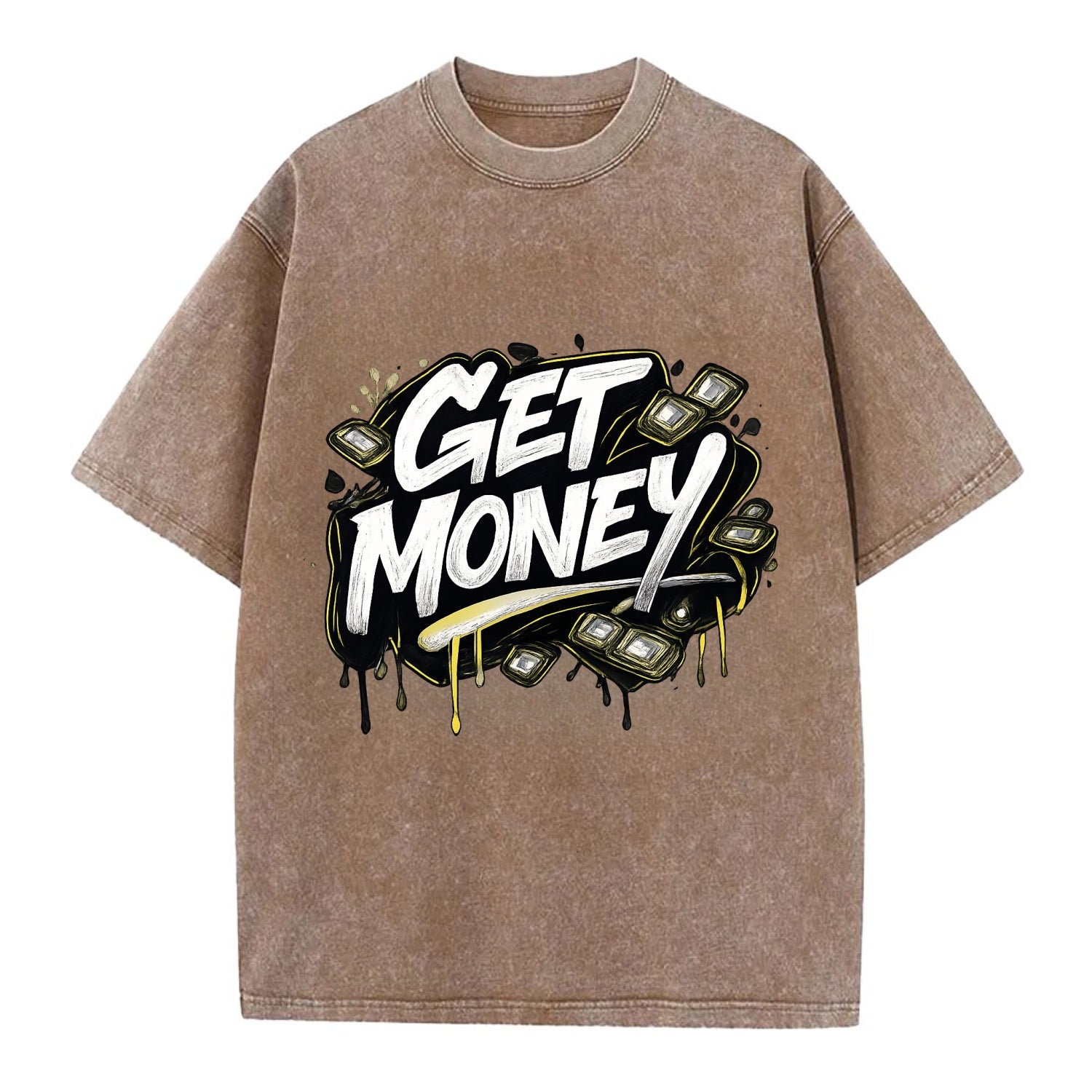 Bold typography design - "GET MONEY" - pursuit of wealth, earning - Vintage T-shirt - Brown