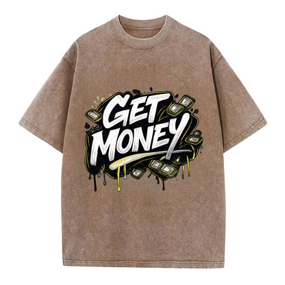 Bold typography design - "GET MONEY" - pursuit of wealth, earning - Vintage T-shirt - Brown