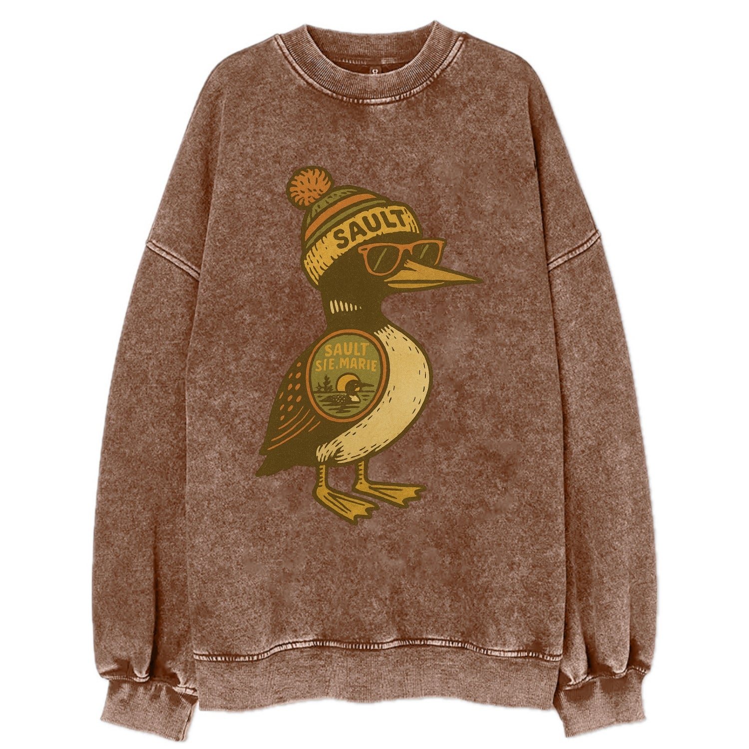 Sault Ste Marie Loon wearing Sault beani - Vintage Sweatshirt - Brown