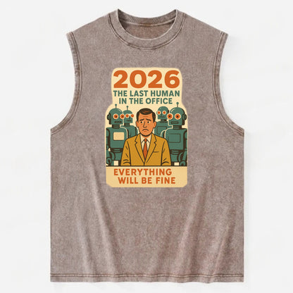 Single human worker surrounded by robot coworkers - "The last human in the - Vintage Washed Tank - Brown