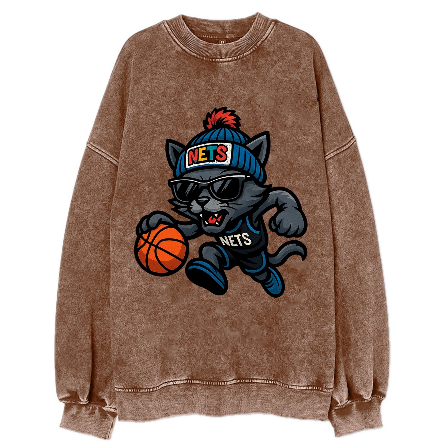 Brooklyn Cat wearing Nets beanie with street art patch and wayfarer sunglasses - Vintage Sweatshirt - Brown