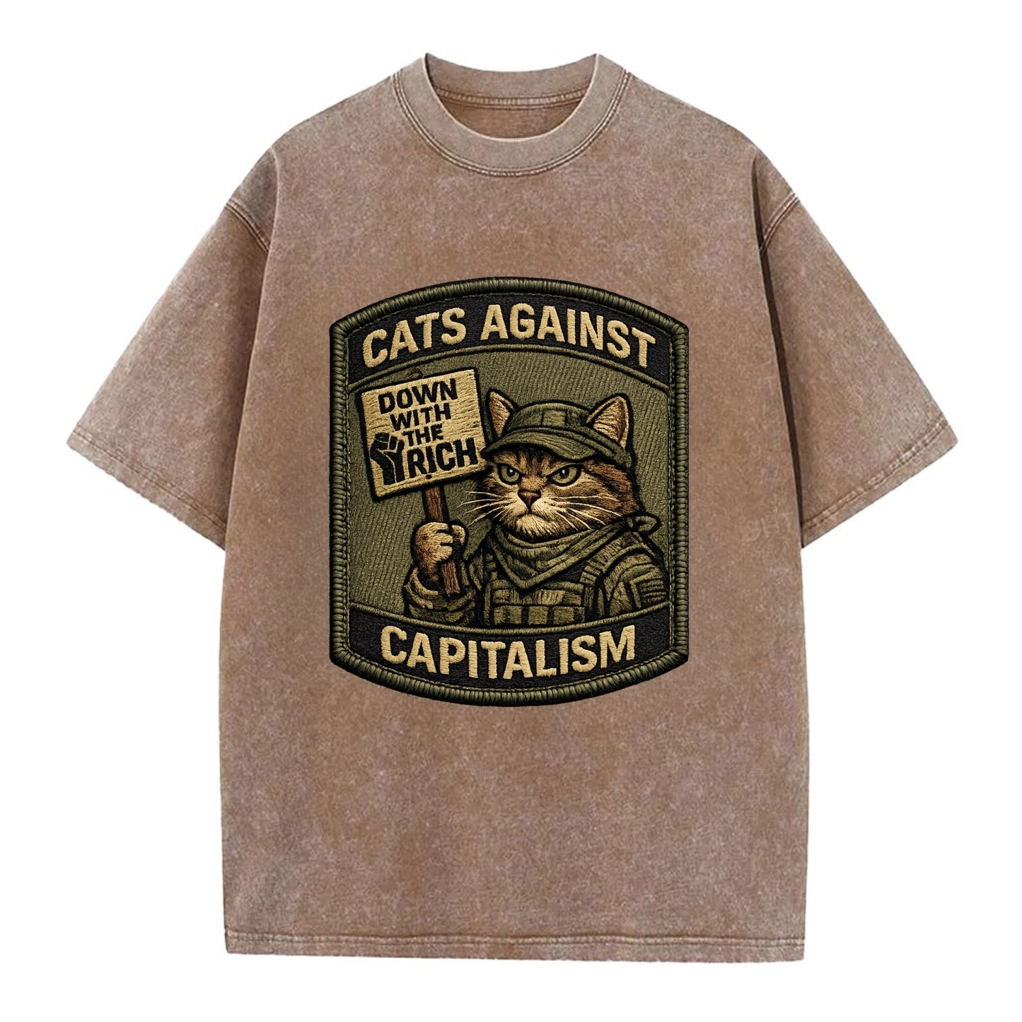 CATS AGAINST CAPITALISM - cat with protest sign in red , political cat - Vintage T-shirt - Brown